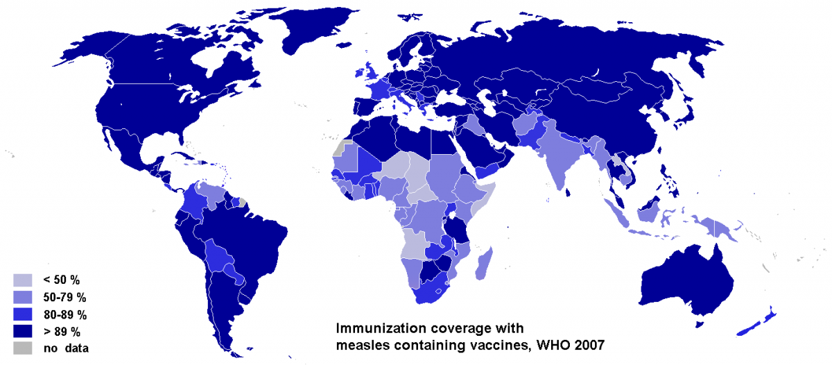 Measles vaccination worldwide (PhilippN via Wikimedia Commons)