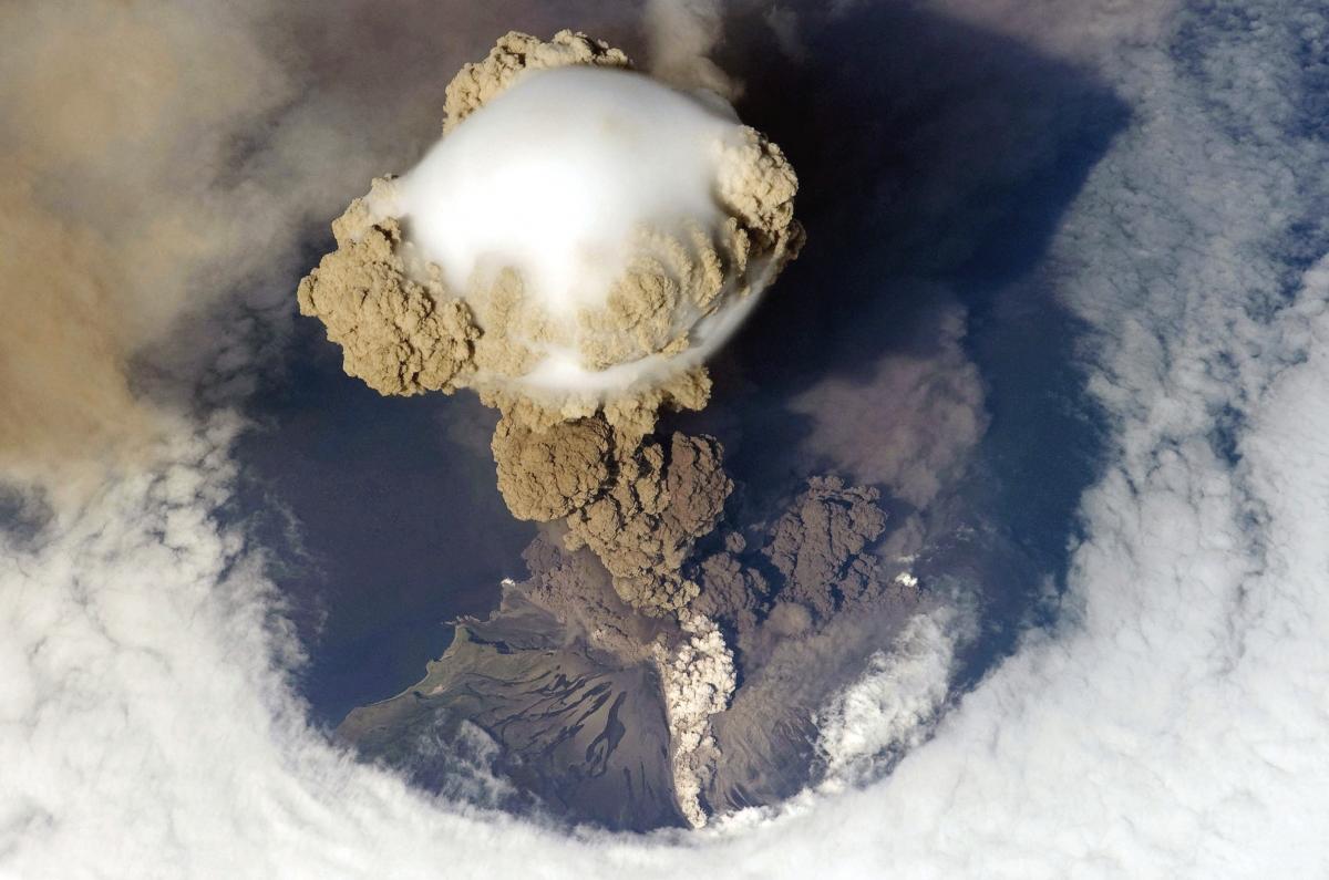 2009 eruption of the Sarychev Volcano on the Pacific island of Matua as seen from the International Space Station. (NASA via Wikimedia Commons)