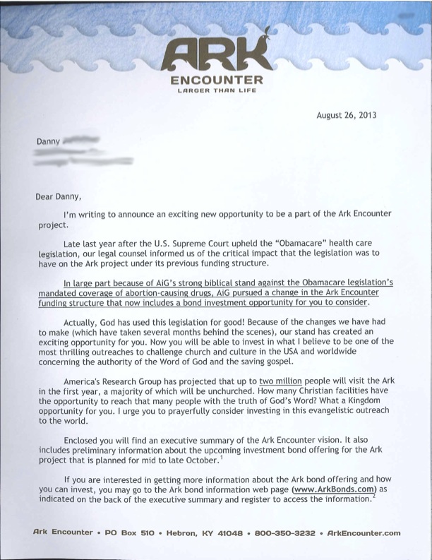 Page 1 of Letter from Answers in Genesis