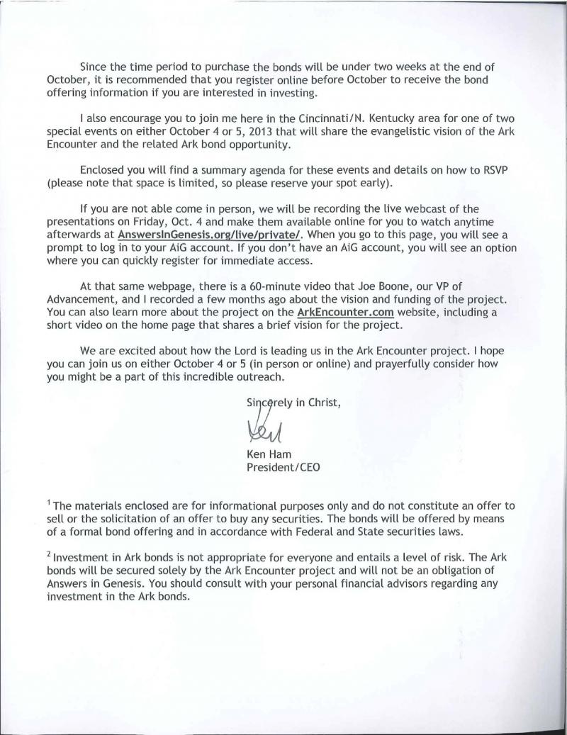 Page 2 of Letter from Answers in Genesis