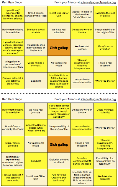 Ken Ham Bingo card