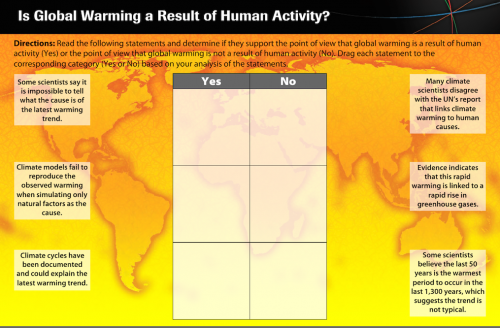 An interactive feature from McGraw-Hill, where students decide whether or not statements support the claim that humans cause climate change Screengrab of an interactive exercise asking students to determine whether statements support or contradict the argument that "Global Warming is a Result of Human Activity"
