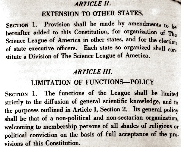 Science League of America's constitution, articles II and III