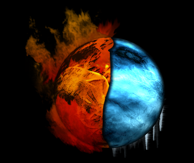 "Fire and Ice," an abstract globe in blue and red. Image by 3amireh on DeviantArt, used under a CC:BY license: http://3amireh.deviantart.com/art/Fire-and-Ice-205311539