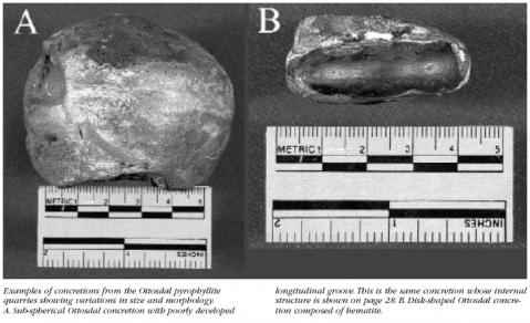 Two images. Examples of concretions from the Ottosdal pyrophyllite quarries showing variations in size and morphology. A shows sub-spherical Ottosdal concretion with poorly developed longitudinal groove. This is the same concretion whose internal structure is shown in the first image. B shows disk-shaped Ottosdal concretion composed of hematite.