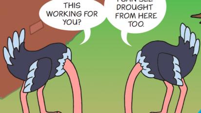 A  cartoon of two ostriches with heads buried in the sand.