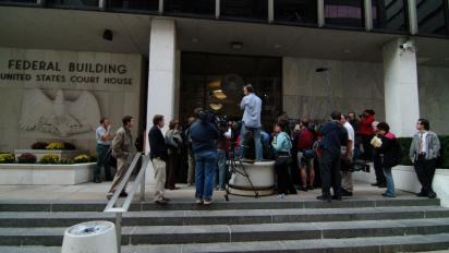 Reporters waiting outside the federal courthouse in Harrisburg, PA.