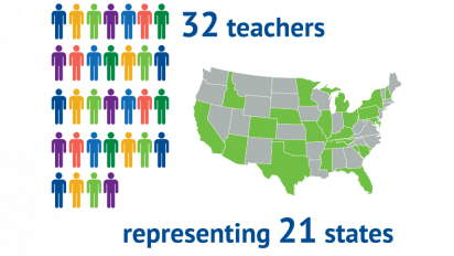 infographic that reads "32 teachers representing 21 states"