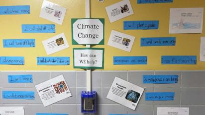 Climate change word wall in a school.