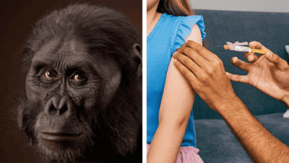 Australopithecus afarensis, left, and a girl receiving a vaccination.