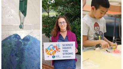 Collage: an eye dropper, a teacher holding a sign, and a youth engaged in an activity.