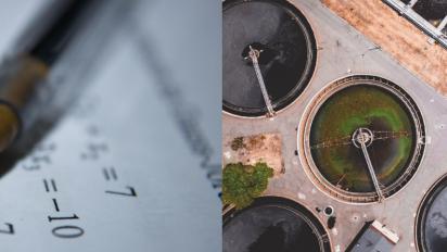 Math problem and an overhead shot of a sewage treatement facility