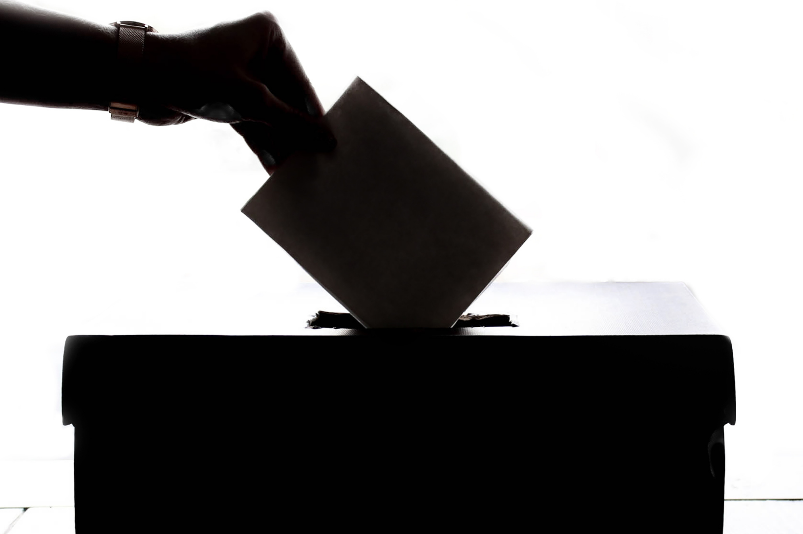 A hand putting a ballot into a box.