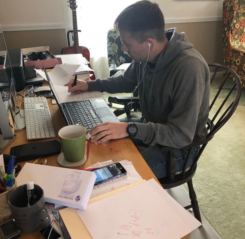 NCSE Teacher Ambassador Jeff Grant hard at work in his home office.